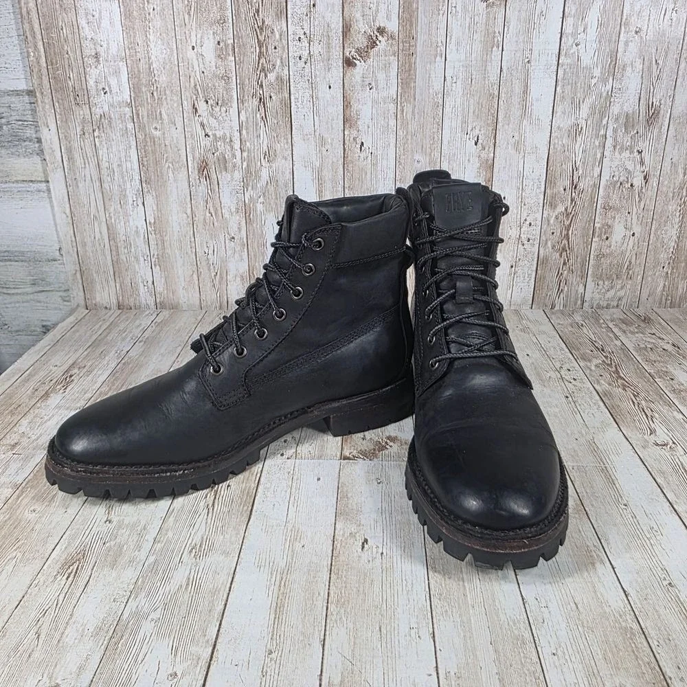 FRYE Mens Black Leather Combat Boots Rugged Lug Sole Military Work Boots 9.5